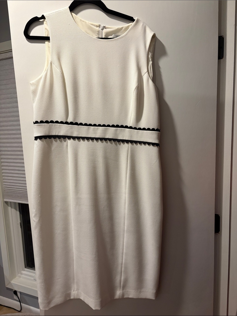 Kasper Ivory Sleeveless Sheath Dress with Black Scallop Trim